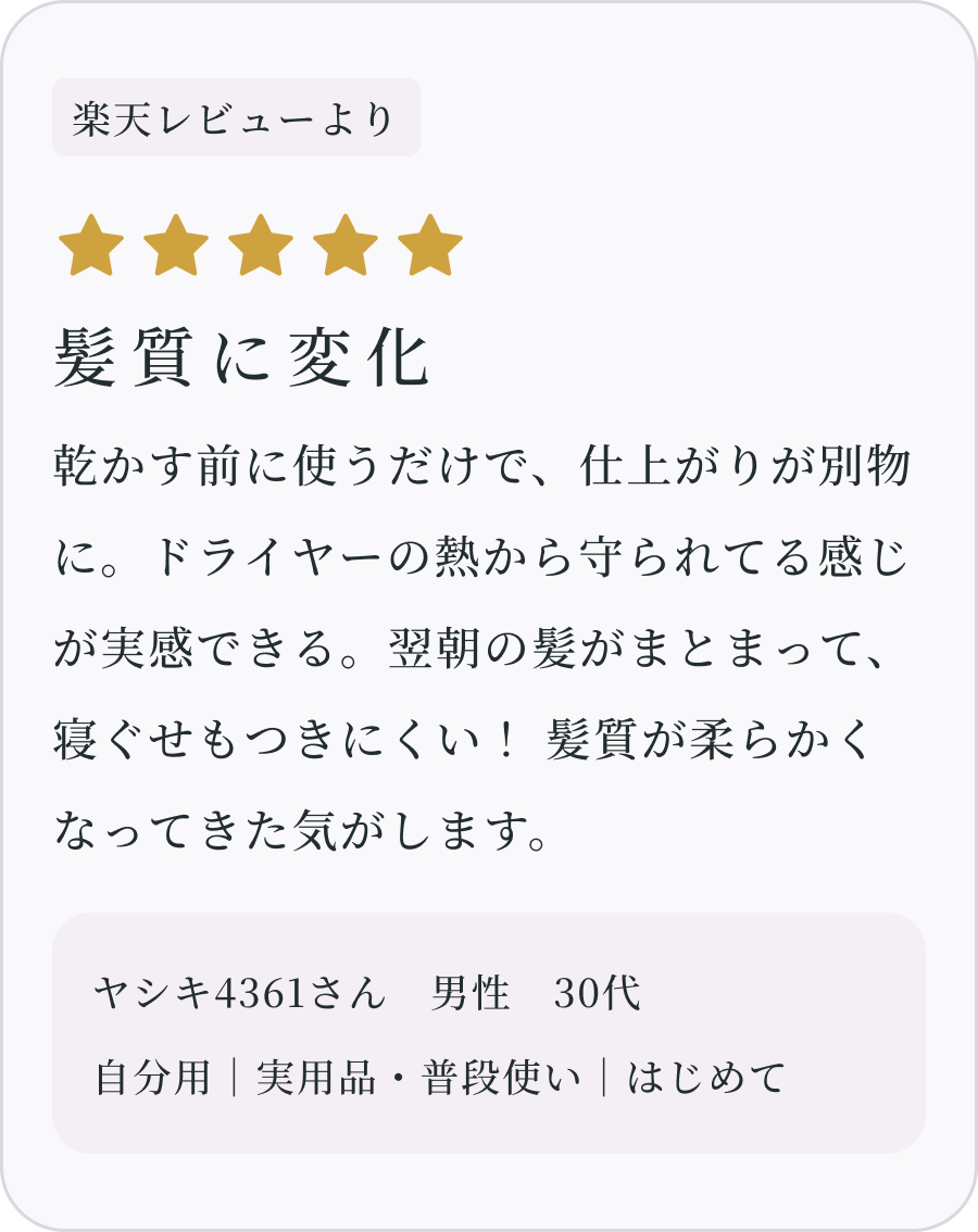 髪質に変化 ヤシキ4361さん 男性 30代（楽天レビューより）
